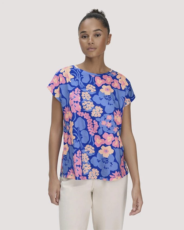 hessnatur Damen Print T-Shirt Oversize LIV LEE aus Bio-Baumwolle - blau - Größe L