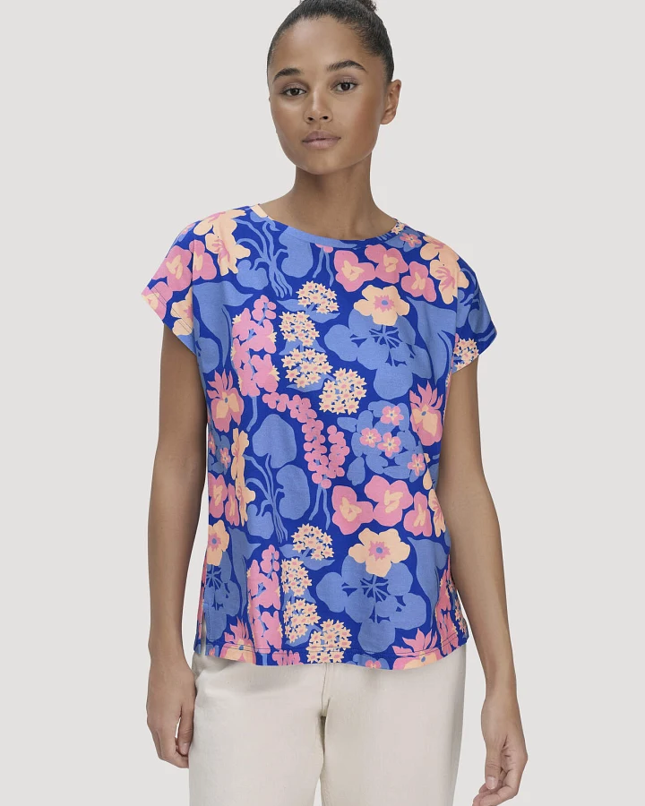 hessnatur Damen Print T-Shirt Oversize LIV LEE aus Bio-Baumwolle - blau - Größe L