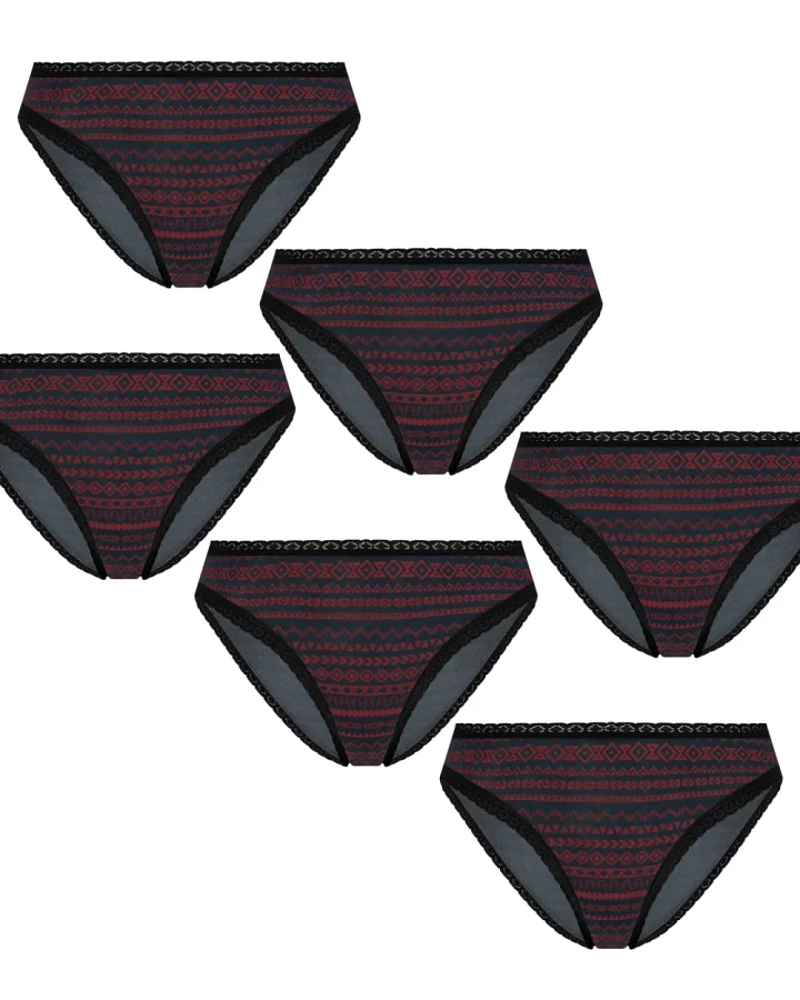 Albero Natur Damen vegan Multipack 6x Slips Mit Spitze Tibet Rot/Marine Geometrisch