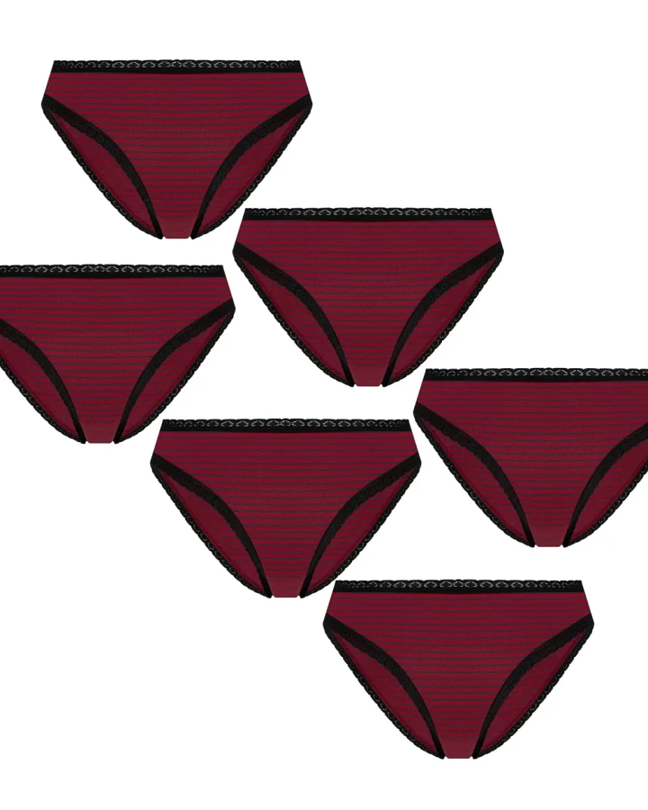 Albero Natur Damen vegan Multipack 6x Slips Mit Spitze Tibet Rot/Marine Gestreift