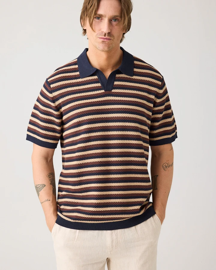 KnowledgeCotton Apparel Herren vegan Polohemd Gestrickt Gestreift Braun