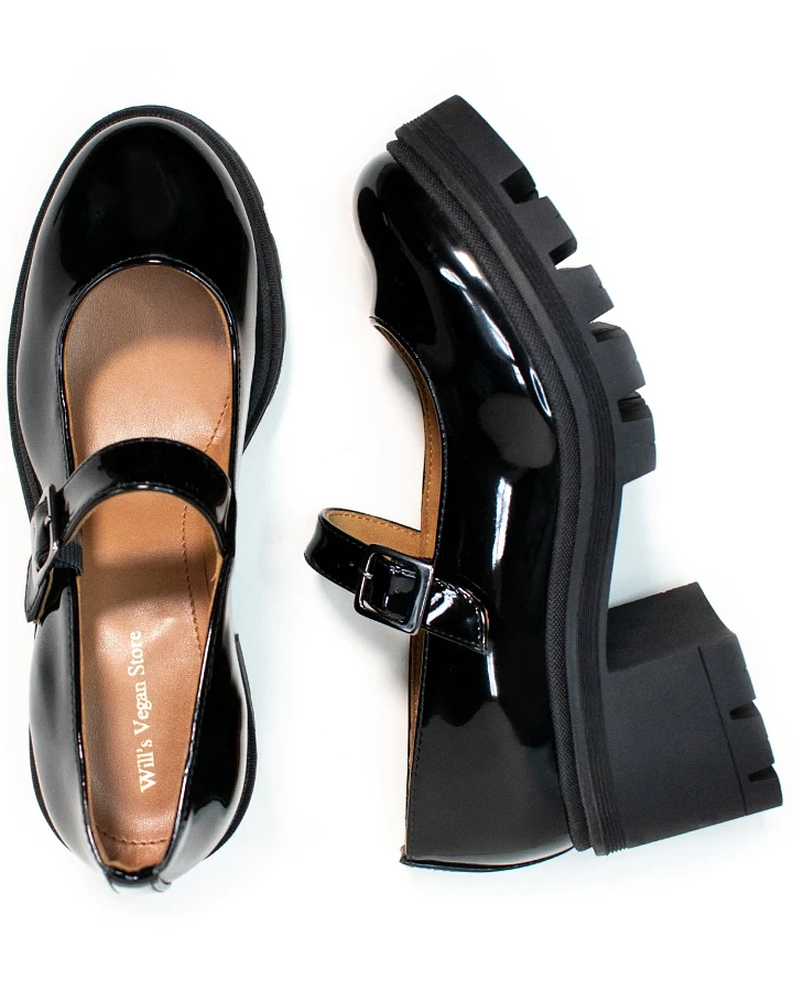 Will's Vegan Store Damen vegan Mary Janes Track Sole Schwarz