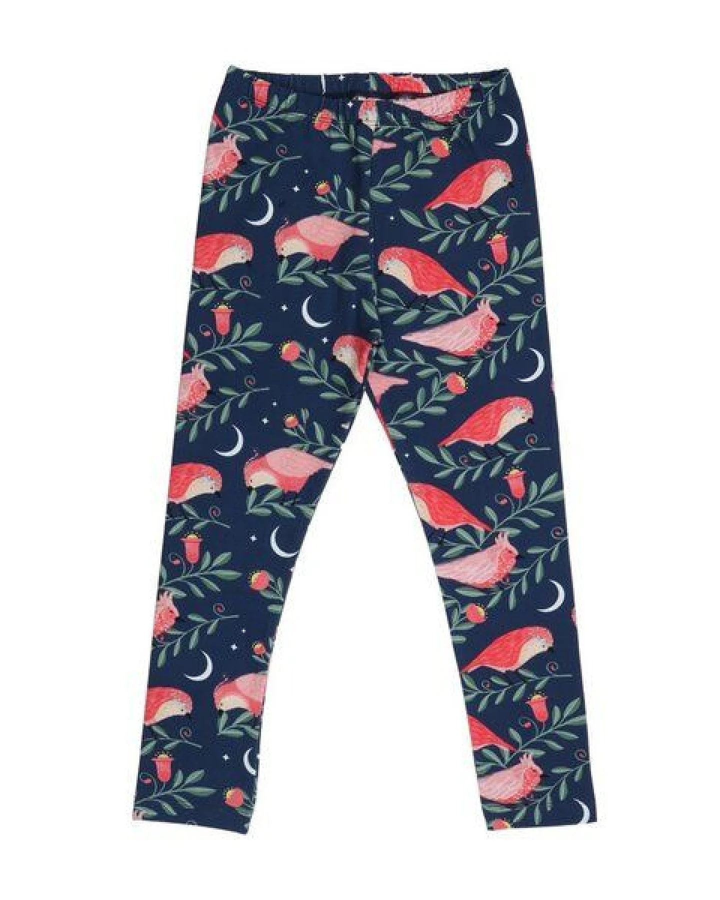 Kinder Leggings GOTS Bio-Baumwolle, Pinky Birds, dunkelblau mit Vogelprint, elastischer Bund – Walkiddy, weich & bequem für Alltag und Kita – Ansicht 2