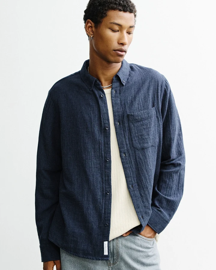 Rotholz Herren vegan Hemd Mit Knopfleiste Blau