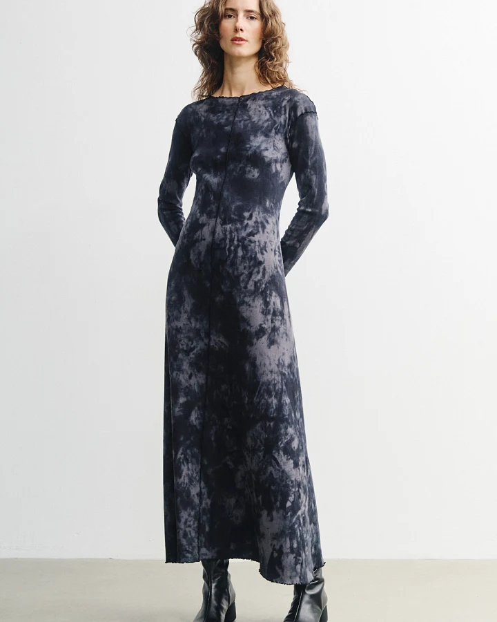 Rotholz Damen vegan Kleid Mit Biesen Schwarz, Batik