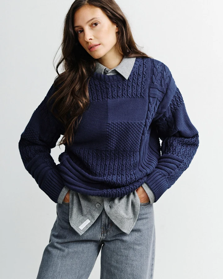 Rotholz Damen vegan Sweatshirt Aus Patchwork-Strick, Dunkelblau