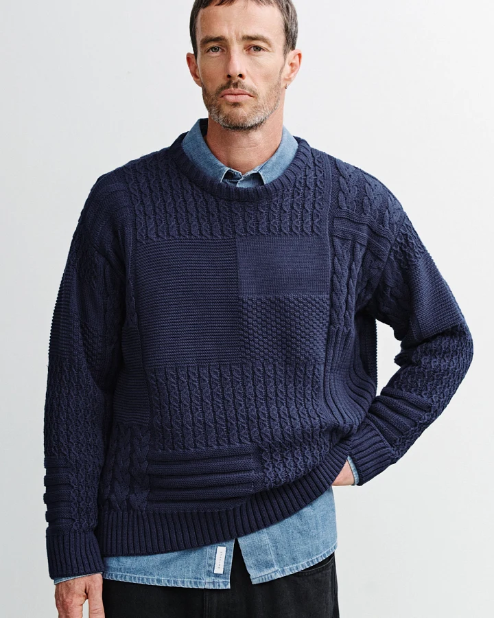 Rotholz Herren vegan Sweatshirt Aus Patchwork-Strick Dunkelblau