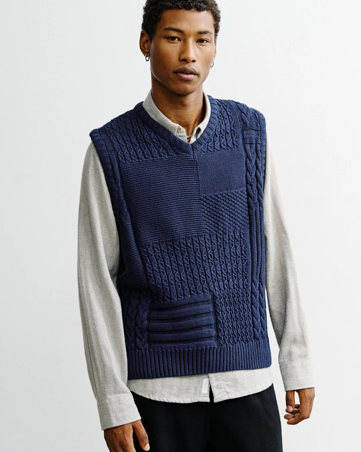 Rotholz Herren vegan Gestrickte Weste Im Patchwork-Stil, Dunkelblau