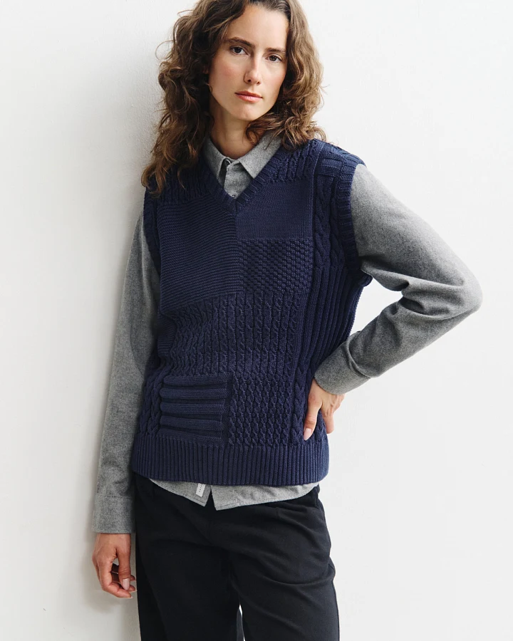 Rotholz Damen vegan Gestrickte Weste Im Patchwork-Stil, Dunkelblau