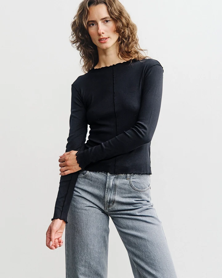 Rotholz Damen vegan Schwarzes Langarmshirt Mit Biesen