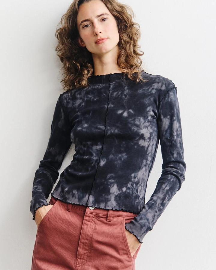 Rotholz Damen vegan Langarm-Shirt Mit Biesen Schwarz Batik