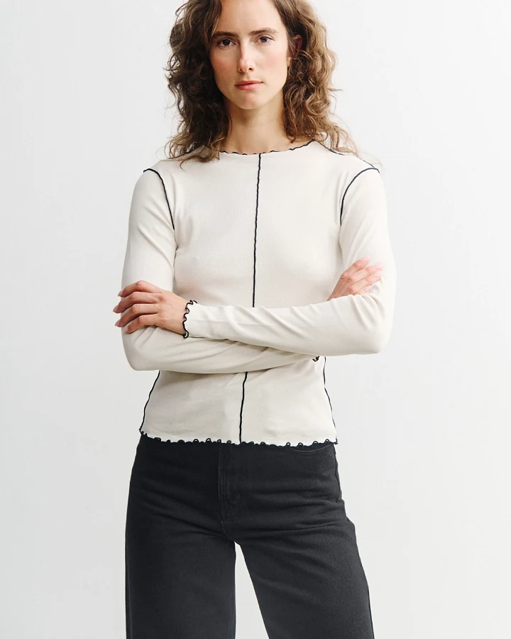 Rotholz Damen vegan Weißes Langarmshirt Mit Biesen