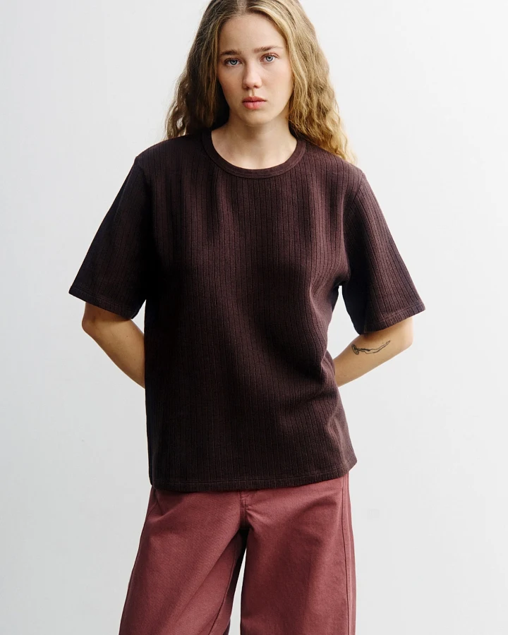 Rotholz Damen vegan T-Shirt Mit Rippstrick Dunkelbraun
