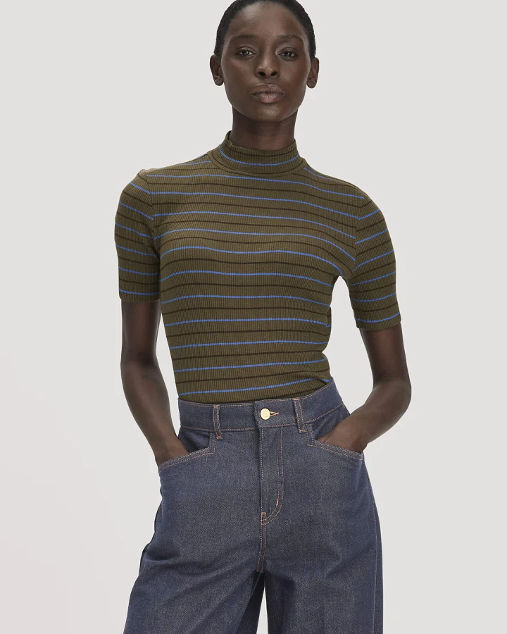 hessnatur Damen Slubrib Streifen T-Shirt Slim aus Bio-Baumwolle - grün - Größe 36
