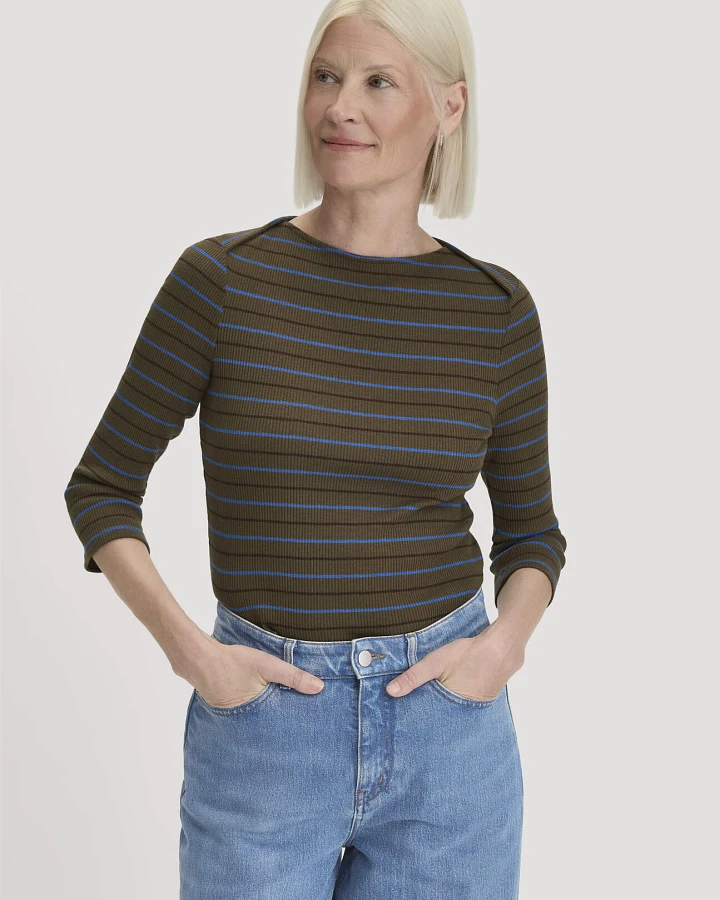 hessnatur Damen Slubrib Streifen Longsleeve Slim aus Bio-Baumwolle - grün - Größe 40