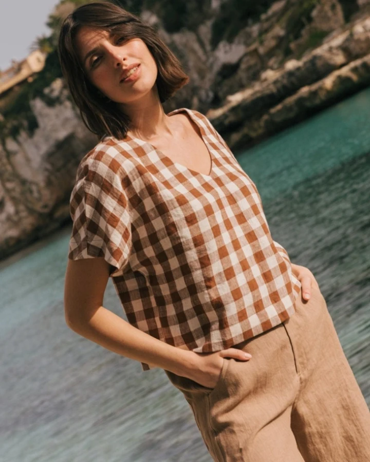 AmourLinen Damen vegan Oberteil Lily Mocha Gingham