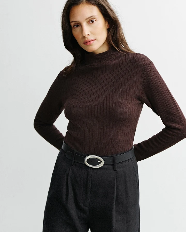 Rotholz Damen vegan Longsleeve Mockneck Dunkelbraun