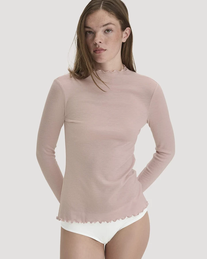 hessnatur Damen Mock-Neck Longsleeve Pointelle aus Bio-Merinowolle - rosa - Größe 40
