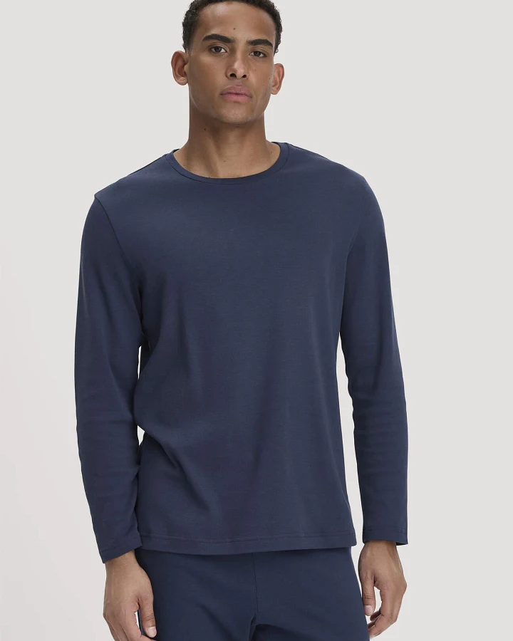 hessnatur Herren Schlafshirt PURE COTTON aus Bio-Baumwolle - blau - Größe L