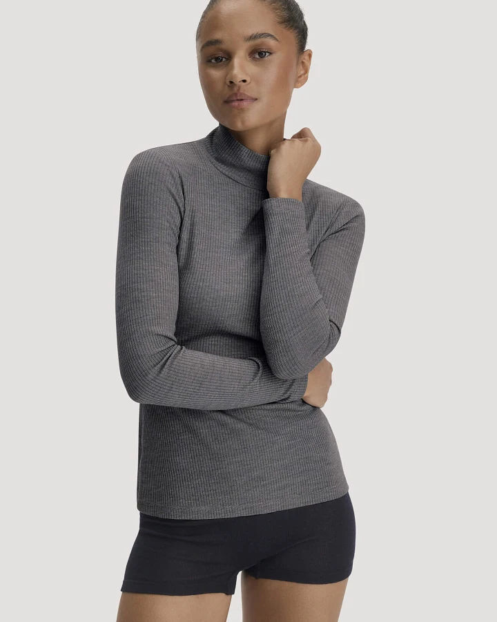 hessnatur Damen Mock-Neck Longsleeve WARM TOUCH aus Bio-Schurwolle und TENCEL™ Lyocell - grau - Größe 36