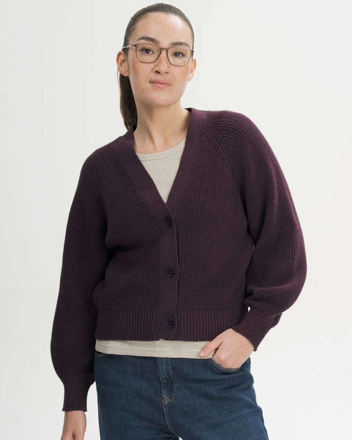 MELA Damen vegan Strickjacke Aus Rippstrick Bhuma Elderberry Melange