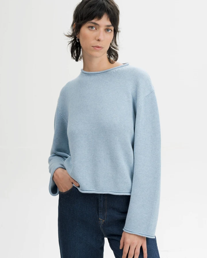 MELA Damen vegan Strickpullover Mit Umgeschlagenem Saum Geetha Salty Blue Melange