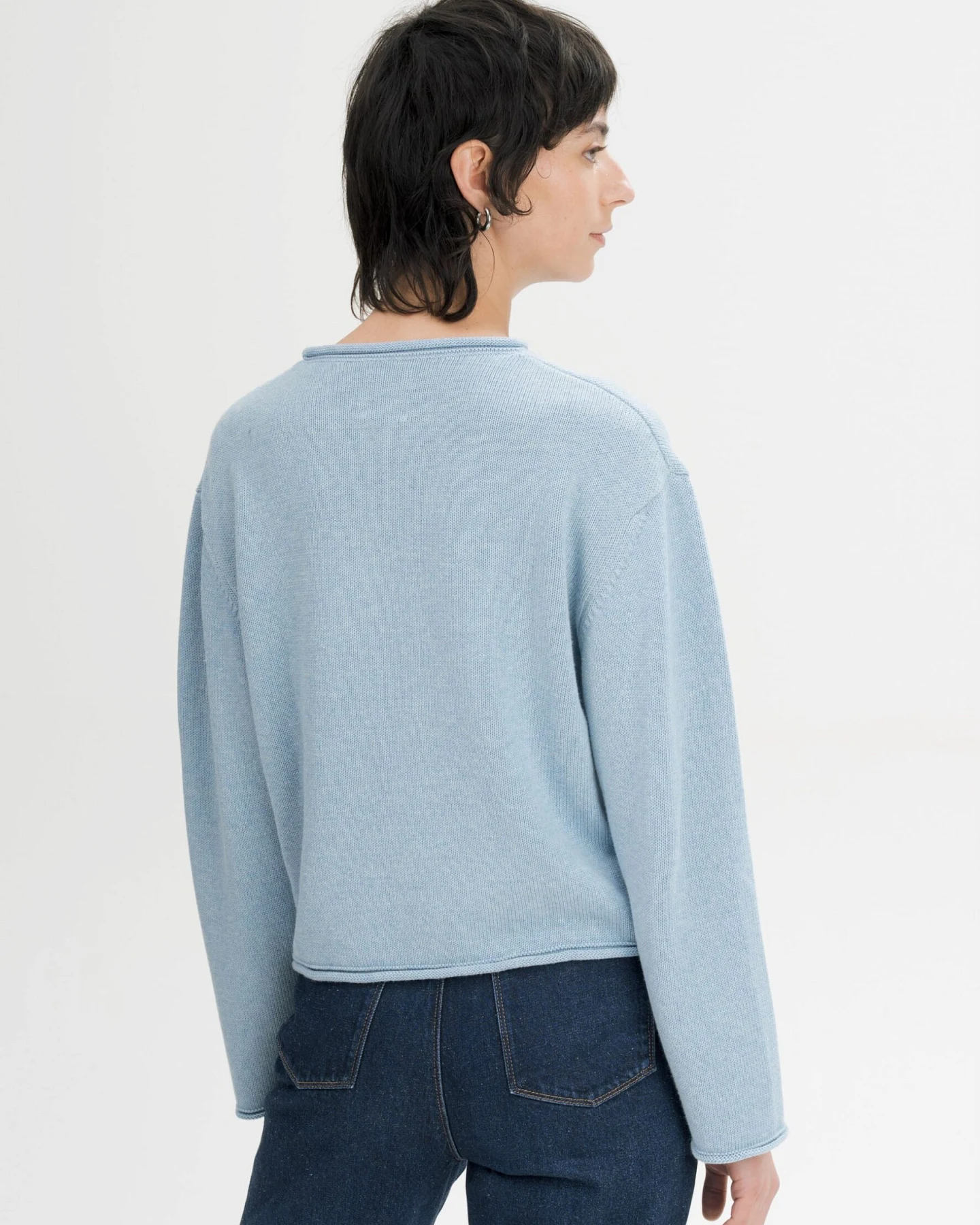 MELA Damen vegan Strickpullover Mit Umgeschlagenem Saum Geetha Salty Blue Melange – Ansicht 2
