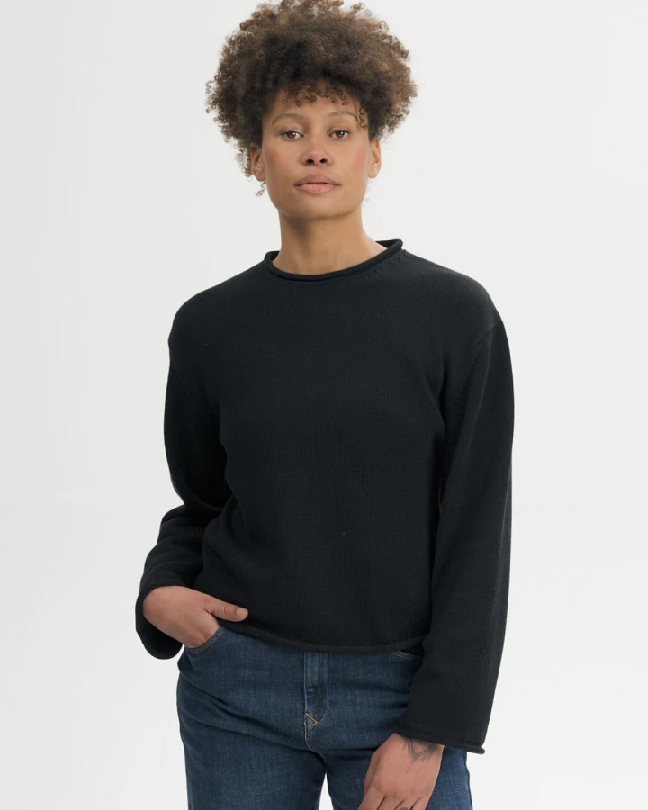 MELA Damen vegan Strickpullover Mit Gerolltem Saum Geetha Schwarz