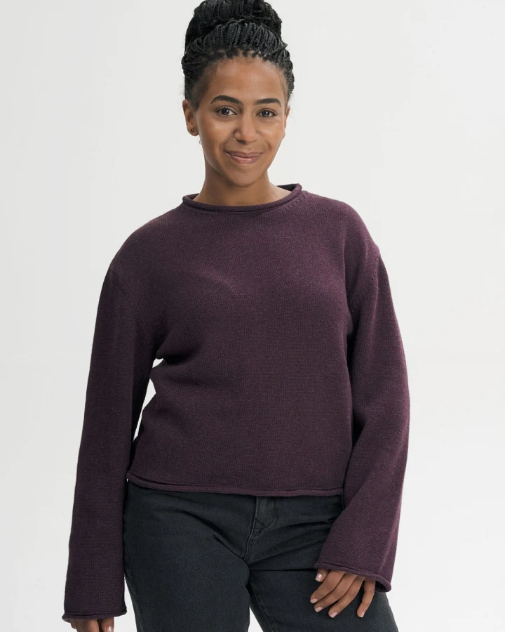 MELA Damen vegan Strickpullover Mit Umgeschlagenem Saum Geetha Elderberry Melange
