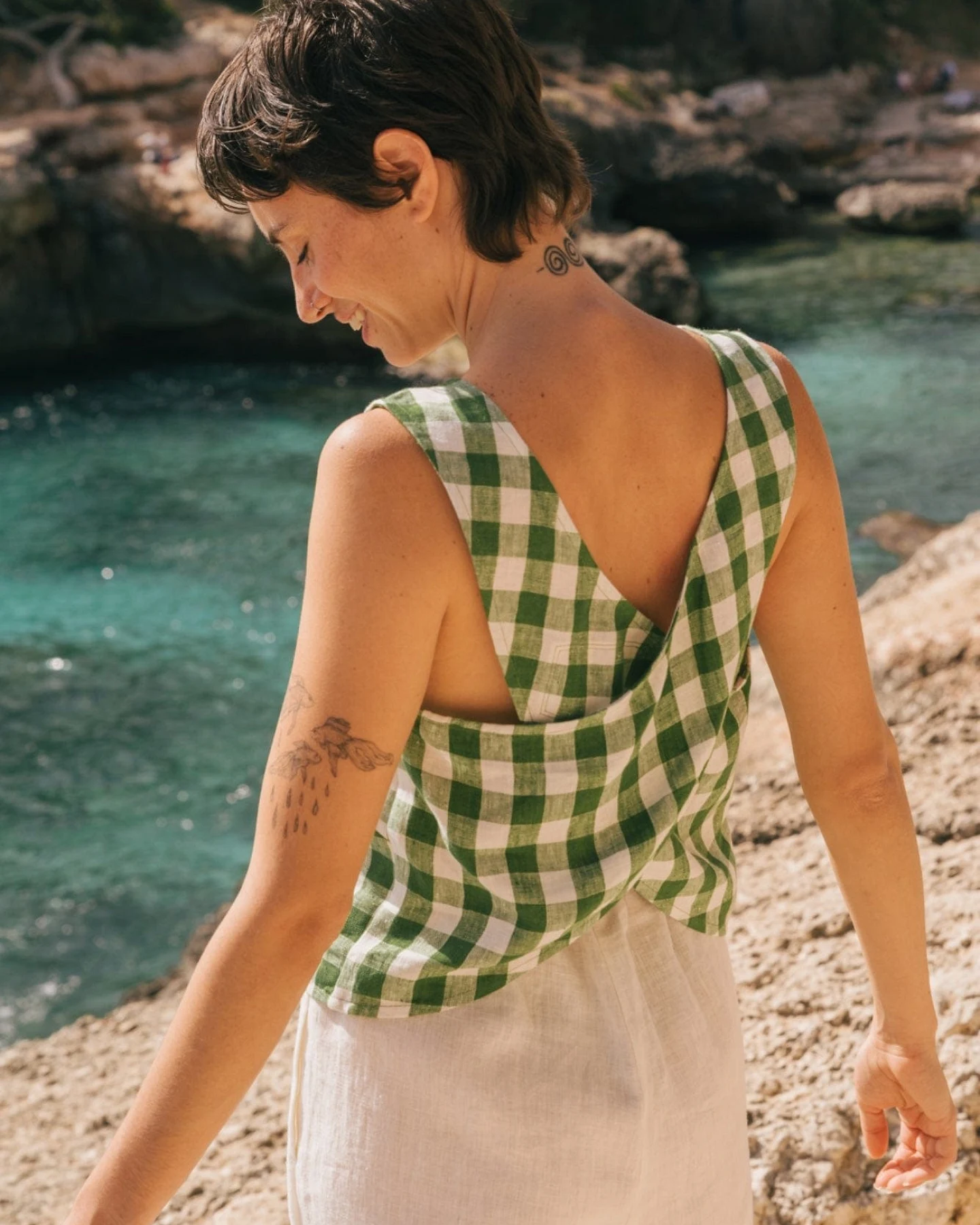 AmourLinen Damen vegan Top Ella Green Gingham – Ansicht 2