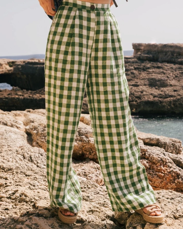 AmourLinen Damen vegan Hose Lydia Green Gingham