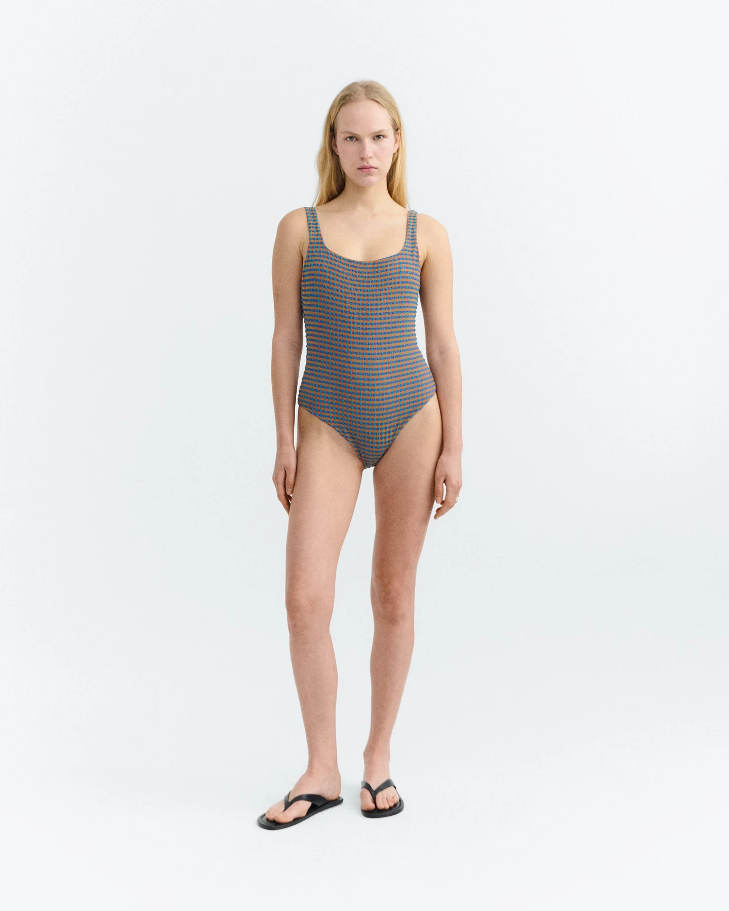 Thinking MU Damen vegan Badeanzug Amalfi Seersucker Orange/ Blau – Ansicht 2