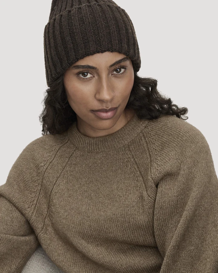 hessnatur Damen Strick-Mütze aus Bio-Baumwolle mit Schurwolle und recycelter Wolle - braun - Größe 1size