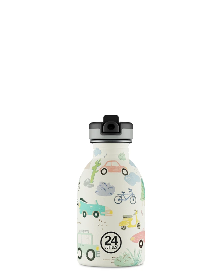 Kinderwasserflasche Edelstahl mit Strohhalm, BPA-frei 250 ml, weiss, mit lustigem Motiv, personalisierbar, Kids Bottle Adventure Friends - 24Bottles