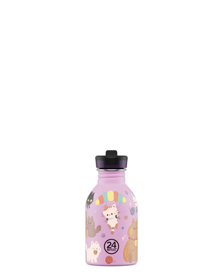 Kinderwasserflasche Edelstahl mit Strohhalm, BPA-frei 250 ml, pink, Kids Bottle Meow Friends - 24Bottles