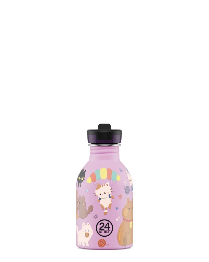 Kinderwasserflasche Edelstahl mit Strohhalm, BPA-frei 250 ml, pink, personalisierbar, Kids Bottle Meow Friends - 24Bottles