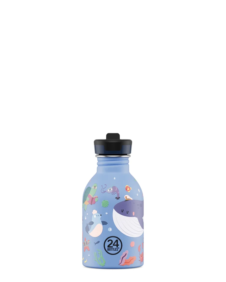 Kinderwasserflasche Edelstahl mit Strohhalm, BPA-frei 250 ml, blau, Kids Bottle Ocean Friends - 24Bottles