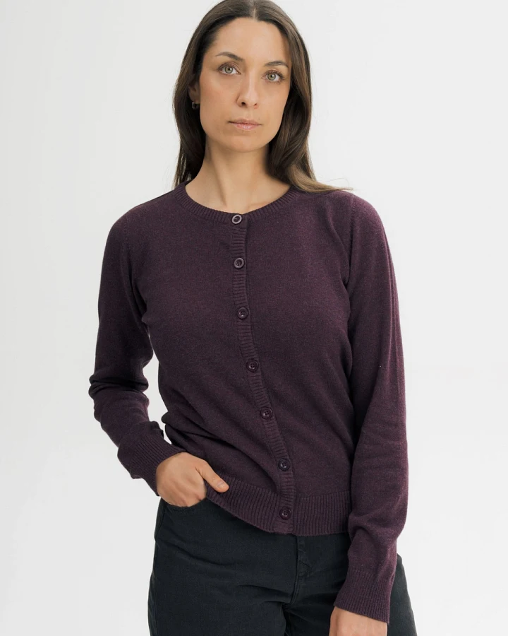 MELA Damen vegan Strickjacke Fine Nameen Elderberry Melange