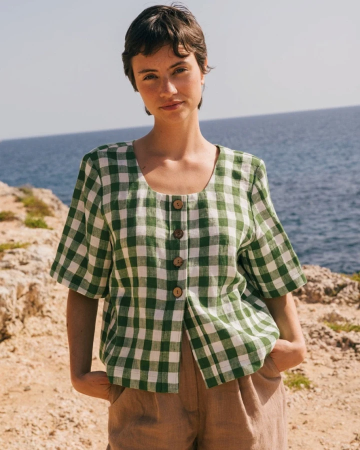 AmourLinen Damen vegan Top Maeve Grün Gingham