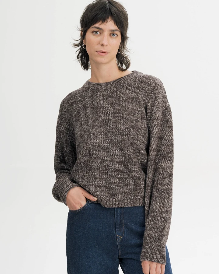 MELA Damen vegan Strickpullover Strukturiert Suriya Braun Gesprenkelt