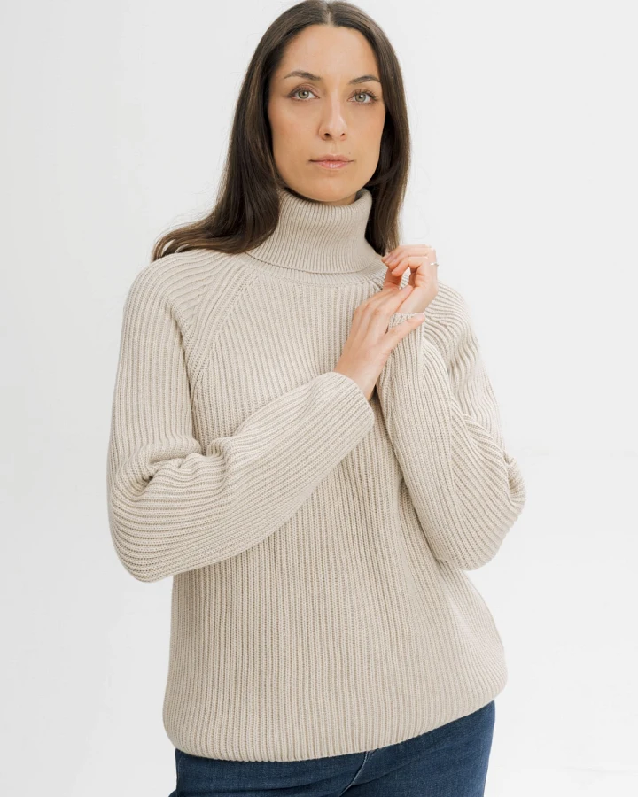 MELA Damen vegan Strickpullover Mit Rippenmuster Und Rollkragen Chirha Pebble Melange