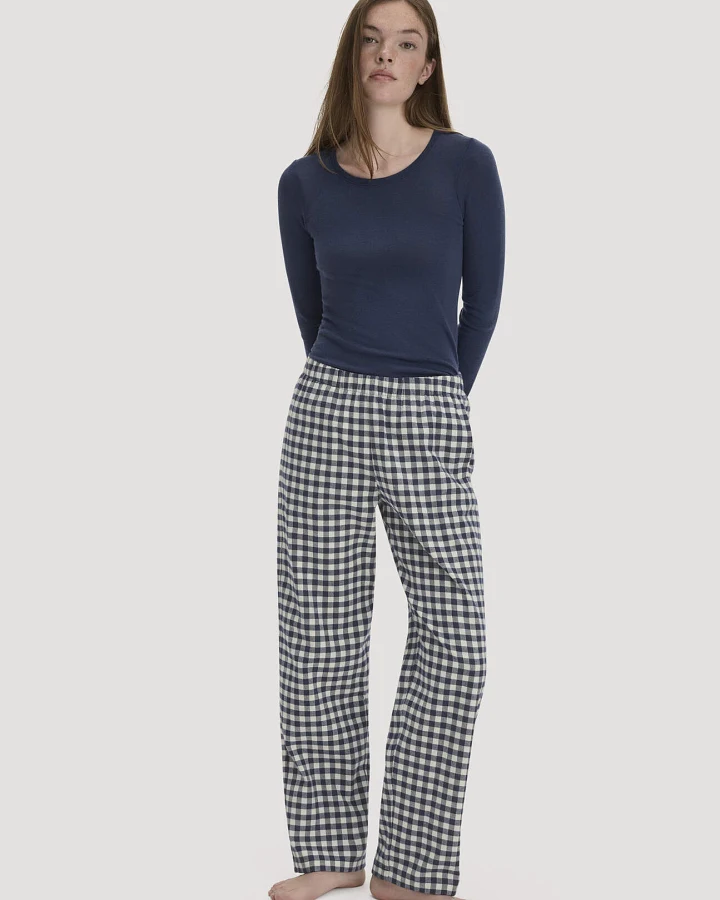 hessnatur Damen Flanell Schlafhose PURE COTTON - blau - Größe 48