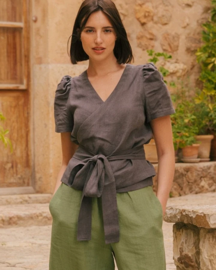 AmourLinen Damen vegan Wickeltop Elisa Holzkohle