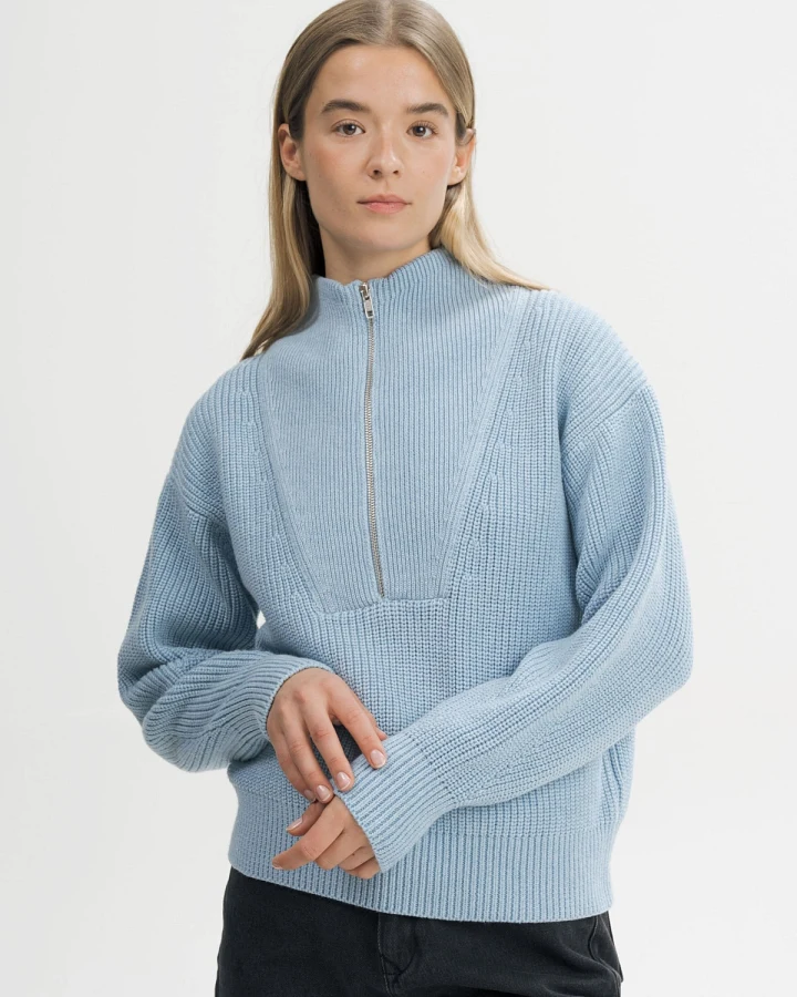 MELA Damen vegan Strickpullover Mit Rippmuster Kimaya In Salty Blue Melange