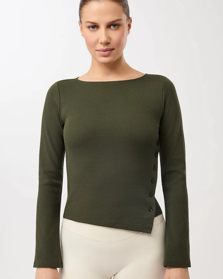 MANDALA Damen vegan Longsleeve Side Button Blattgrün