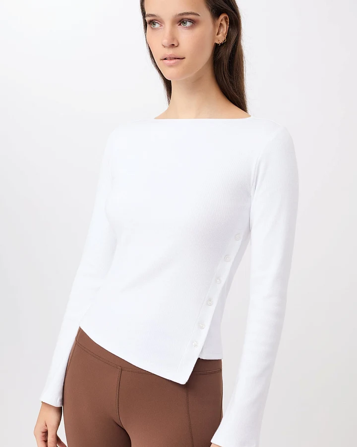 MANDALA Damen vegan Longsleeve Side Button Weiß