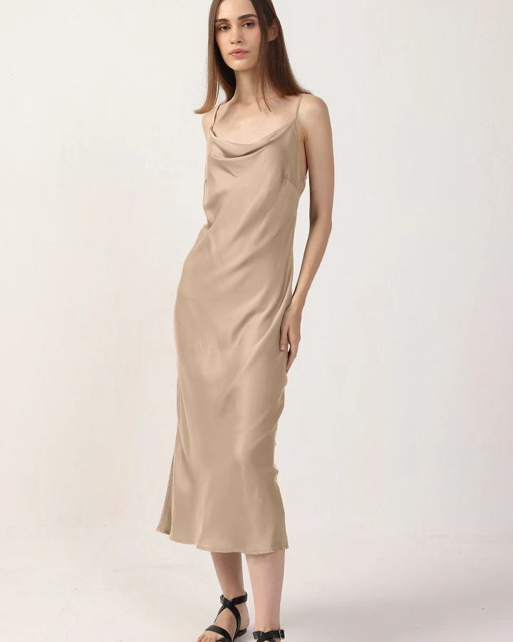 Neu Nomads Damen vegan Kleid Midi Rundhalsausschnitt Goldie