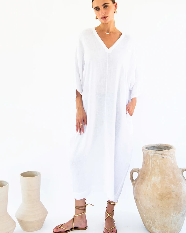 Neu Nomads Damen vegan Kleid Kaftan Isla Weiß