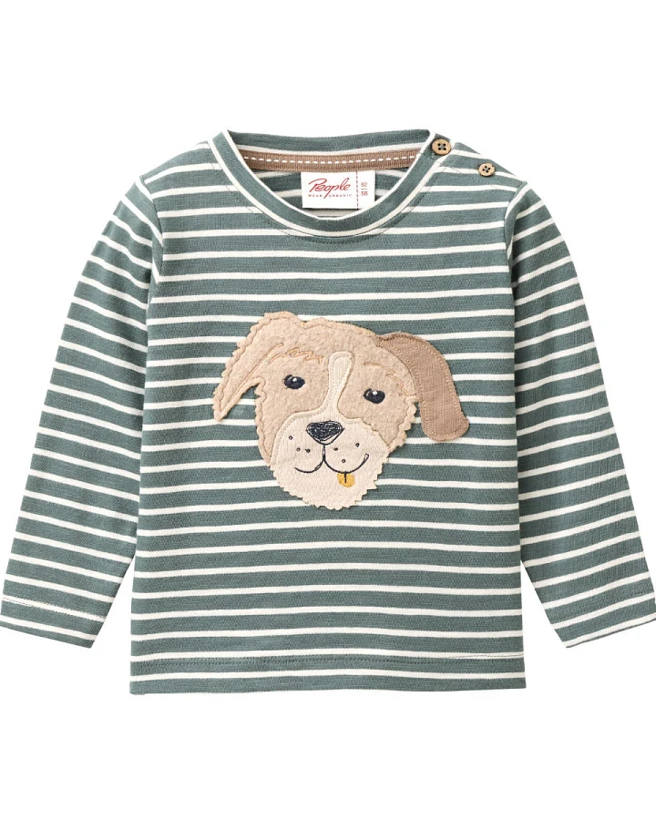 People Wear Organic - Langarmshirt "Hundegesicht" eukalyptus geringelt