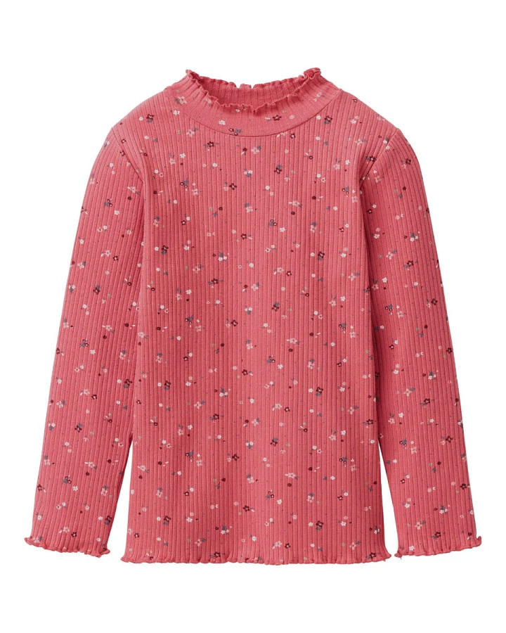 People Wear Organic - Ripp-Langarmshirt mit Stehkragen geblümt himbeerrot
